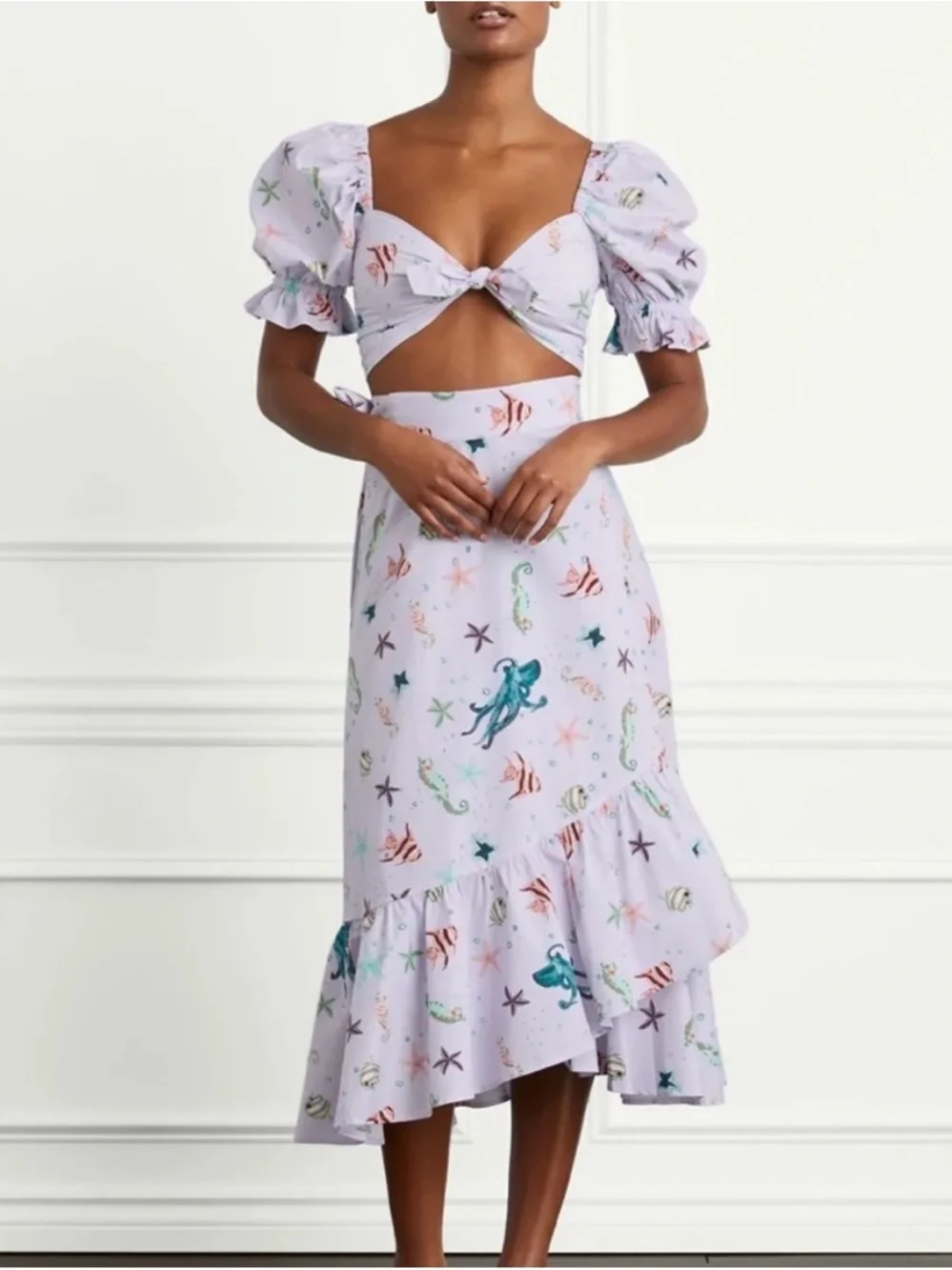 Hill House Isabella Crop Top Sea Creatures Lilac Puff Sleeve Tie Front Size S - Picture 3 of 7